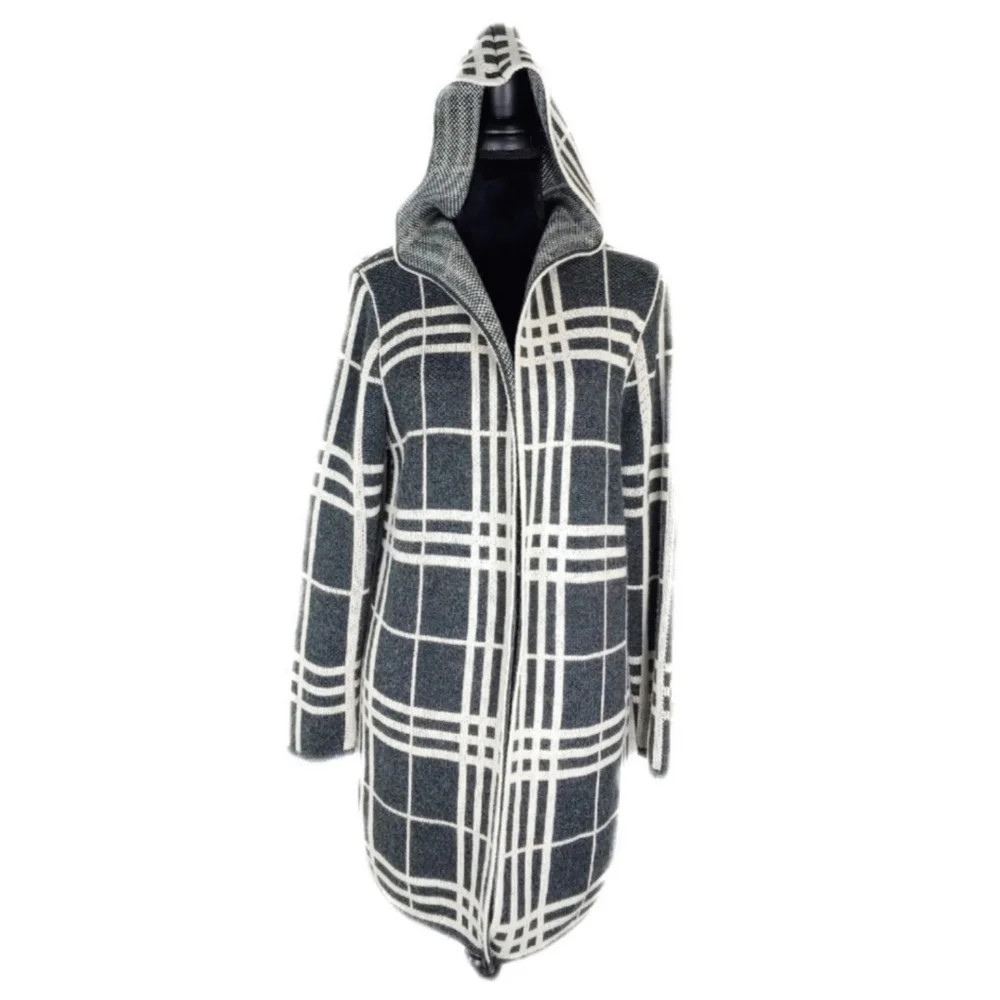 Heathmoor Womens Gray & Cream Glen Plaid Hooded Open Long Cardigan Coat Size S - Picture 3 of 10